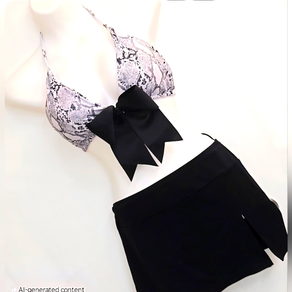 NWT- Snakeskin Print Bikini Top & Thong (w/Black Skirt not new)